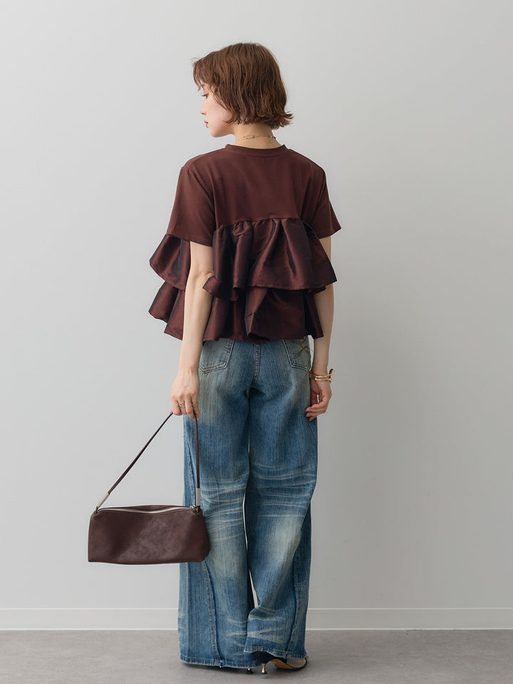 [SET]フリルティアードTEE+縦ウォッシュワイドデニムパンツ(2set)