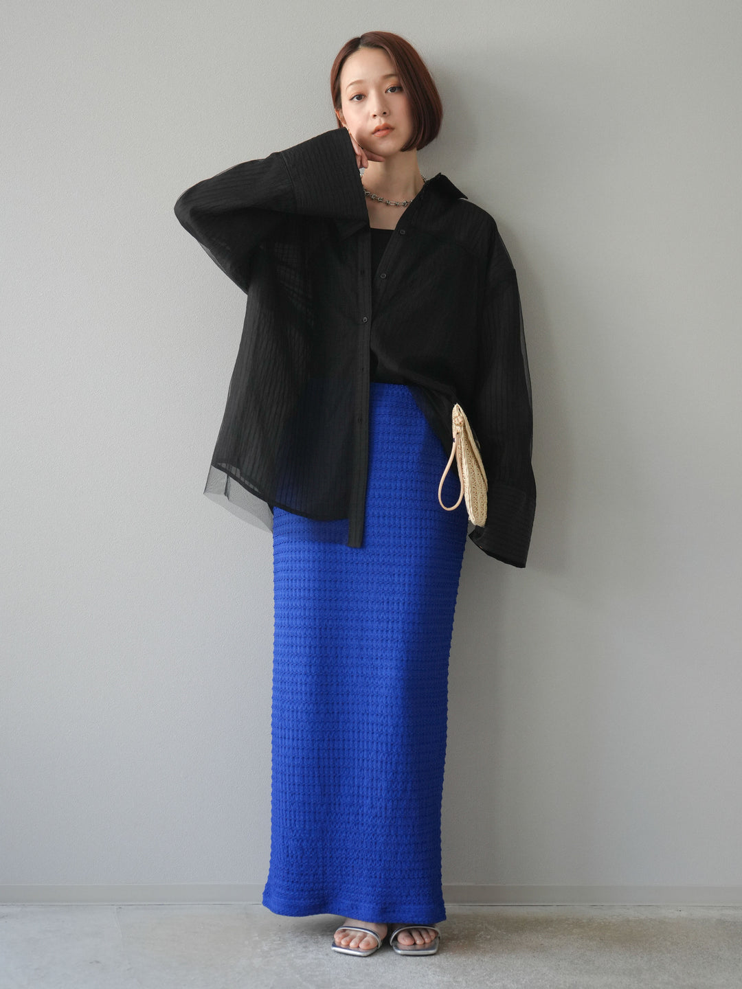 【預購】薄紗對接透視條紋大袖口oversized襯衫/黑色