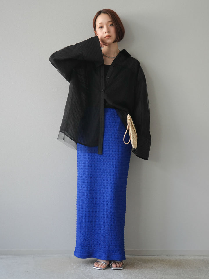 【預購】薄紗對接透視條紋大袖口oversized襯衫/黑色