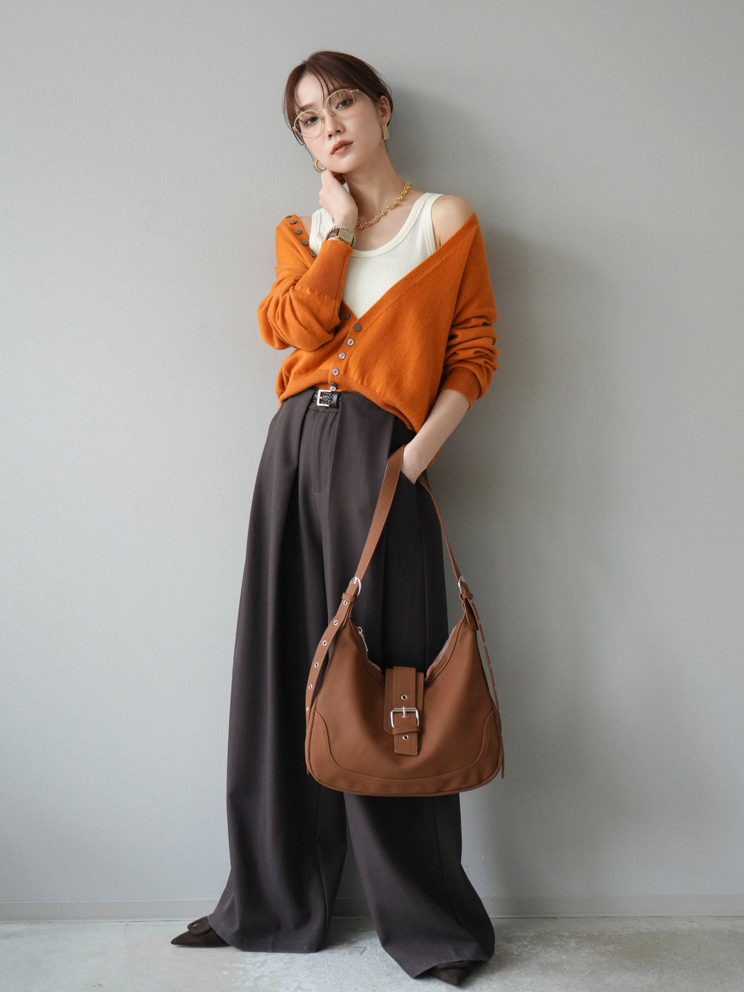 [SET]デザインボタンニットカーディガン＆タンクトップSET+ベルトループデザインワイドパンツ(2set)