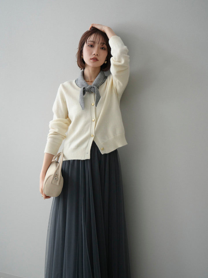 [SET]デザイン襟ニットカーディガン+チュールボリュームスカート(2set)