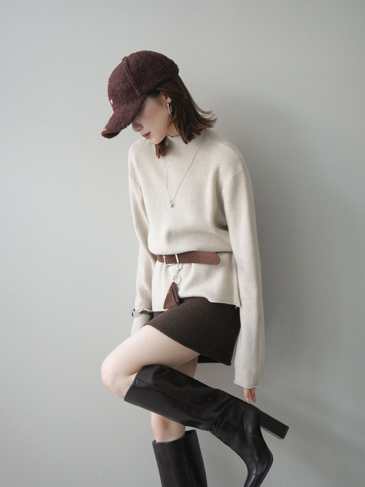 [予約]ボトルネック裾カールリブニットトップス/ivory