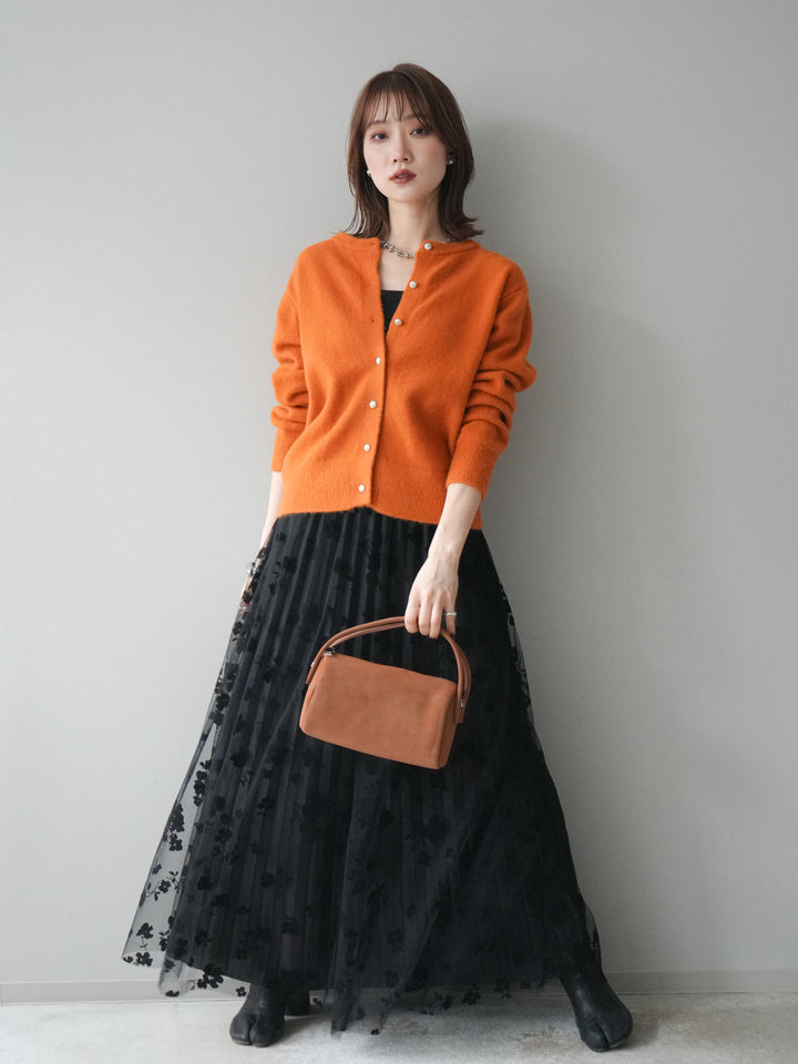 [SET]アンティークボタンニットカーディガン+フラワーフロッキーチュールプリーツスカート(2set)
