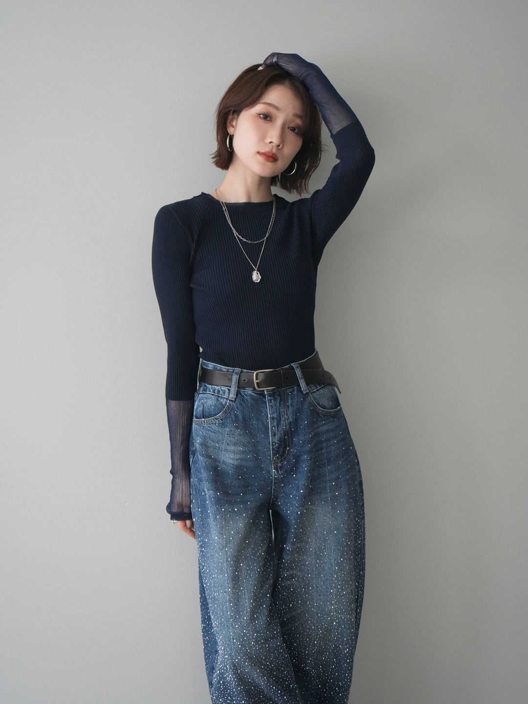 [SET]リブラメシアー切替リブニットトップス+ラインストーンカーブデニムパンツ(2set)