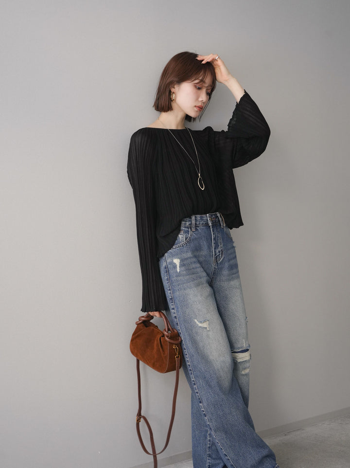 [SET]プリーツシアーフレアスリーブニットトップス+プリーツシアーフレアスリーブニットトップス(2set)