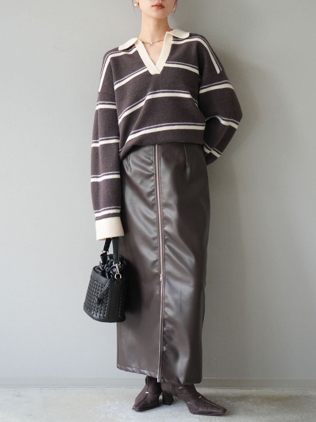 [予約]フェイクレザーZIPタイトスカート/ブラウン