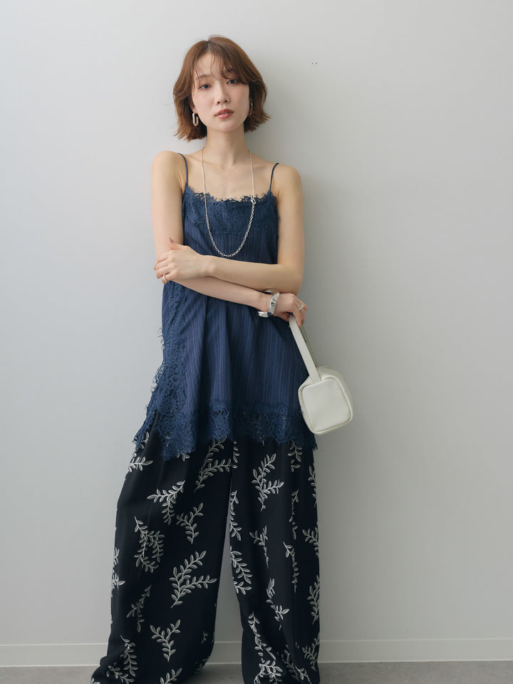 [予約]ワッシャーテクスチャーレーストリムキャミソール/navy