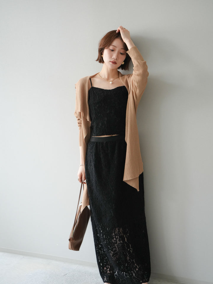 [SET]ドレープリブニットガウン+フルレースキャミ＆IラインスカートSET UP(2set)