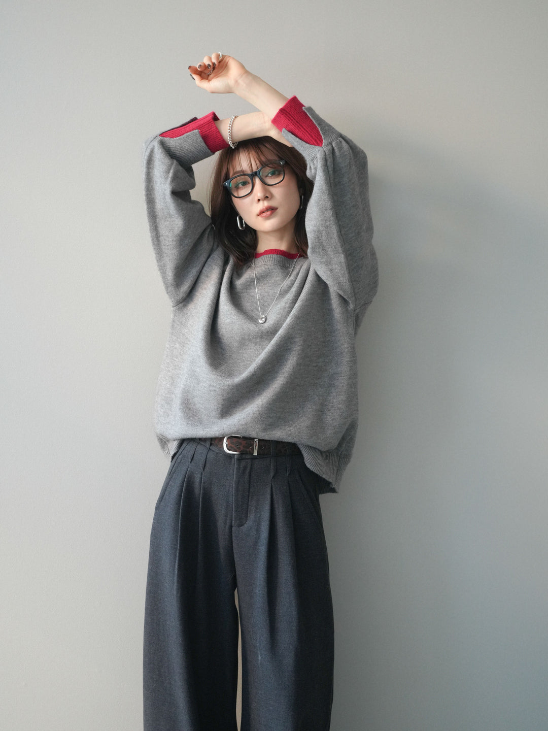 [予約]ヘンリーネック配色レイヤードニットプルオーバー/middlegray