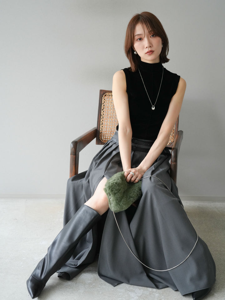 [SET]シアーベロアプチネックノースリーブトップス+エステルプリーツスリットスカート(2set)