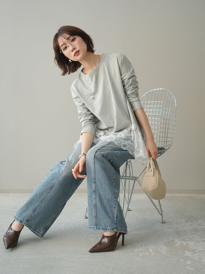 [SET]裾レースロングスリーブTシャツ+選べるアクセセット(2set)