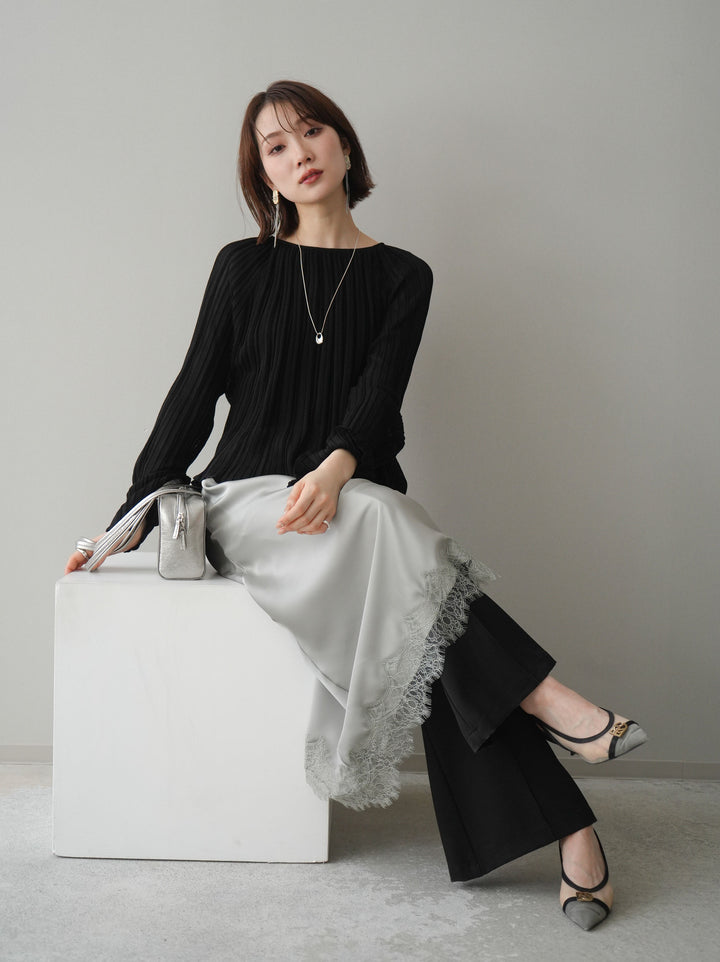 [SET]プリーツシアーフレアスリーブニットトップス+センターシームフレアパンツ(2set)