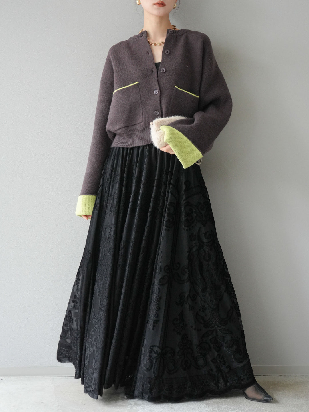 [SET]バイカラーオーバーニットカーディガン+アンティーク柄フロッキーマキシスカート(2set)