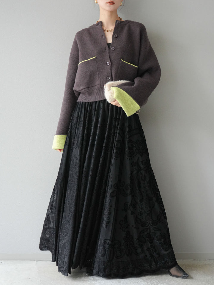 [SET]バイカラーオーバーニットカーディガン+アンティーク柄フロッキーマキシスカート(2set)