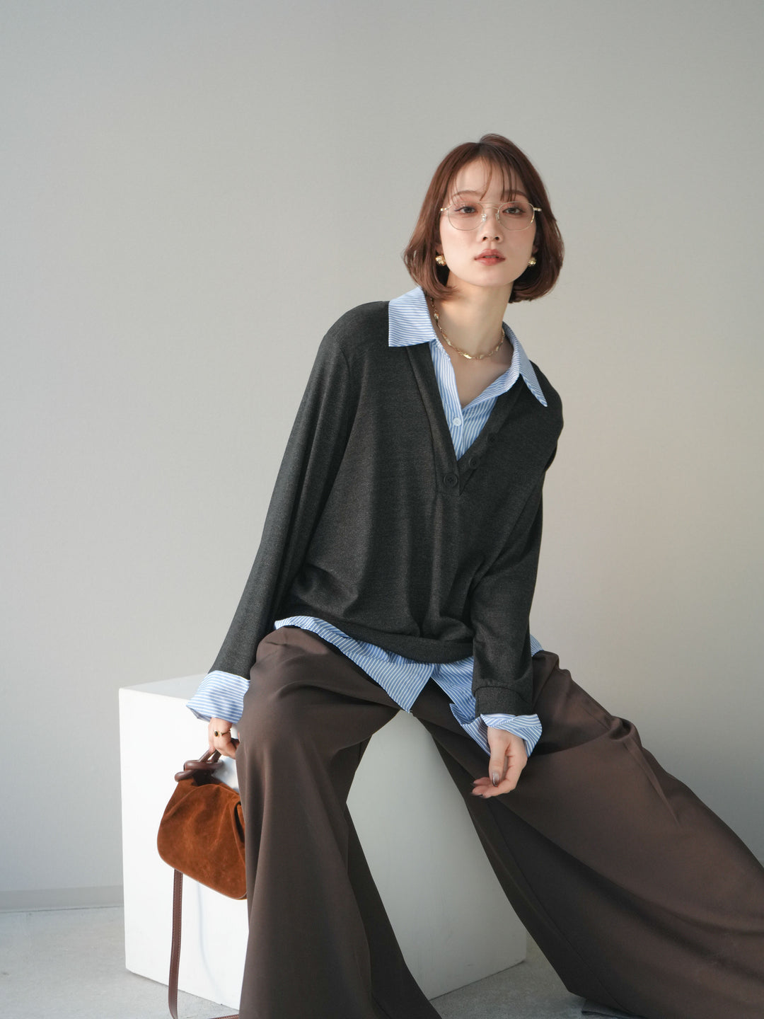 [予約]シャツレイヤードデザインカットプルオーバー/charcoal