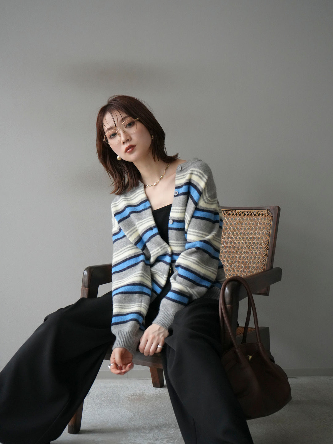 [予約]マルチボーダーニットカーディガン/gray