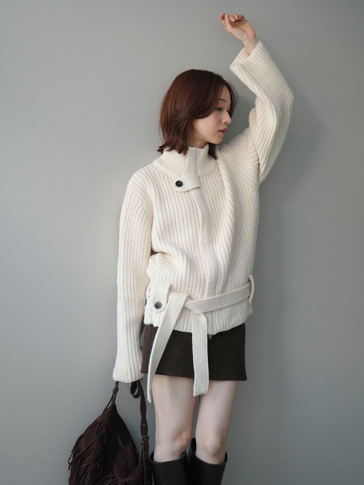 [予約]畦編みボトルネックZIPニットカーディガン/white