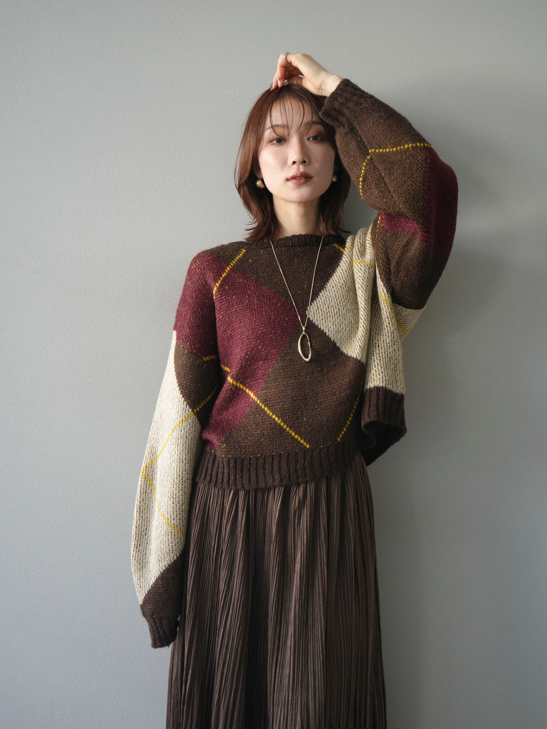 [予約]配色ステッチアーガイル柄ニットプルオーバー/brown