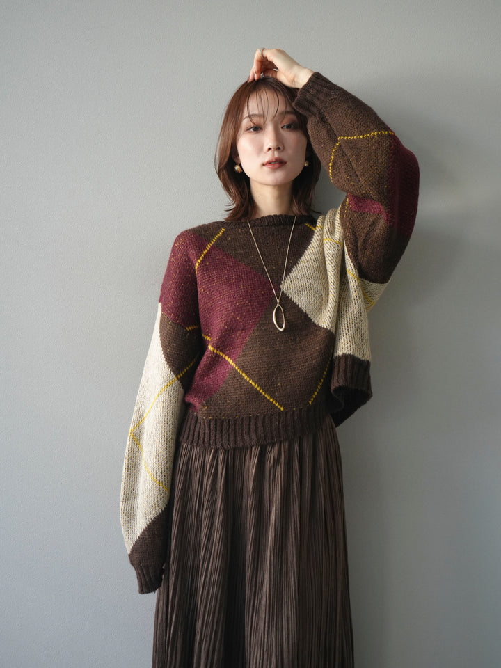 [予約]配色ステッチアーガイル柄ニットプルオーバー/brown