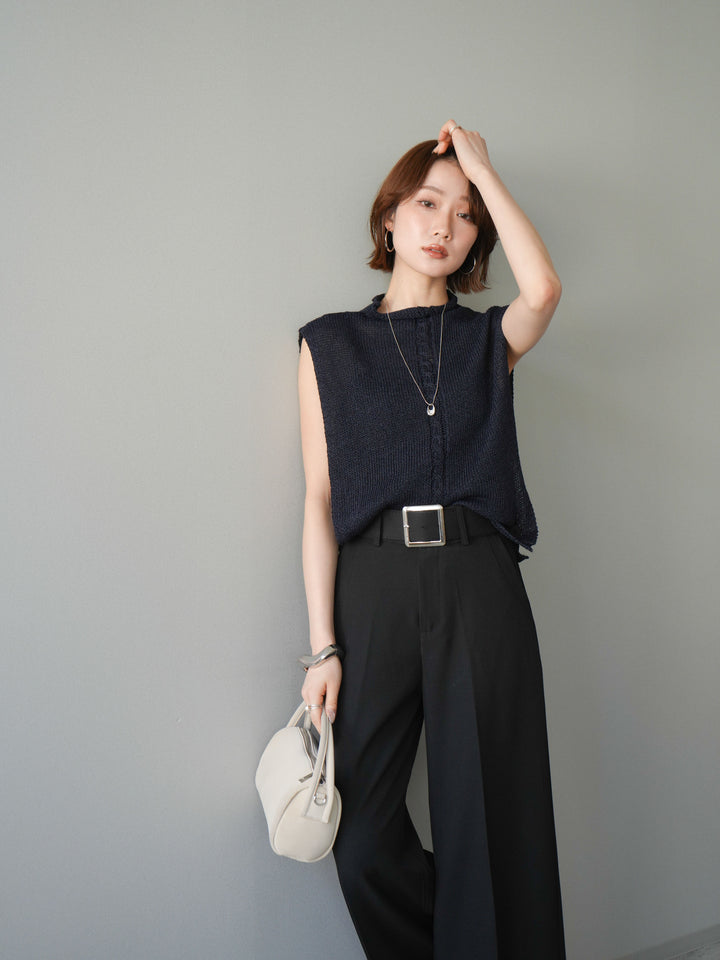 【套裝】開襟針織上衣+銀色搭扣垂褶闊腿褲（兩件套）