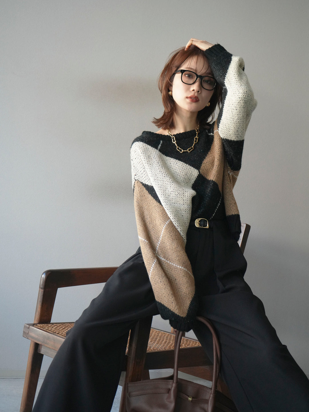 [SET]配色ステッチアーガイル柄ニットプルオーバー+選べるアクセセット(2set)