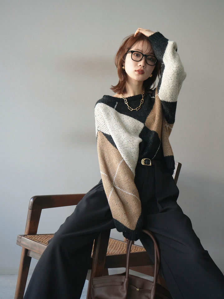 [SET]配色ステッチアーガイル柄ニットプルオーバー+選べるアクセセット(2set)