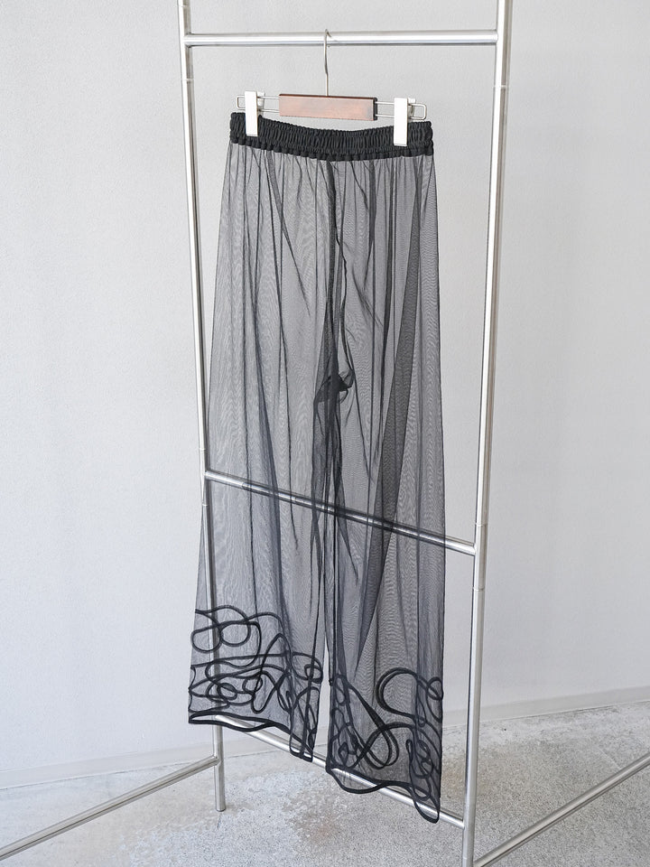 [SET]ドビーストライプアシンメトリーフリルノースリブラウス+コード刺繍チュールレイヤードパンツ+リネンライクイージーワイドパンツ(3set)