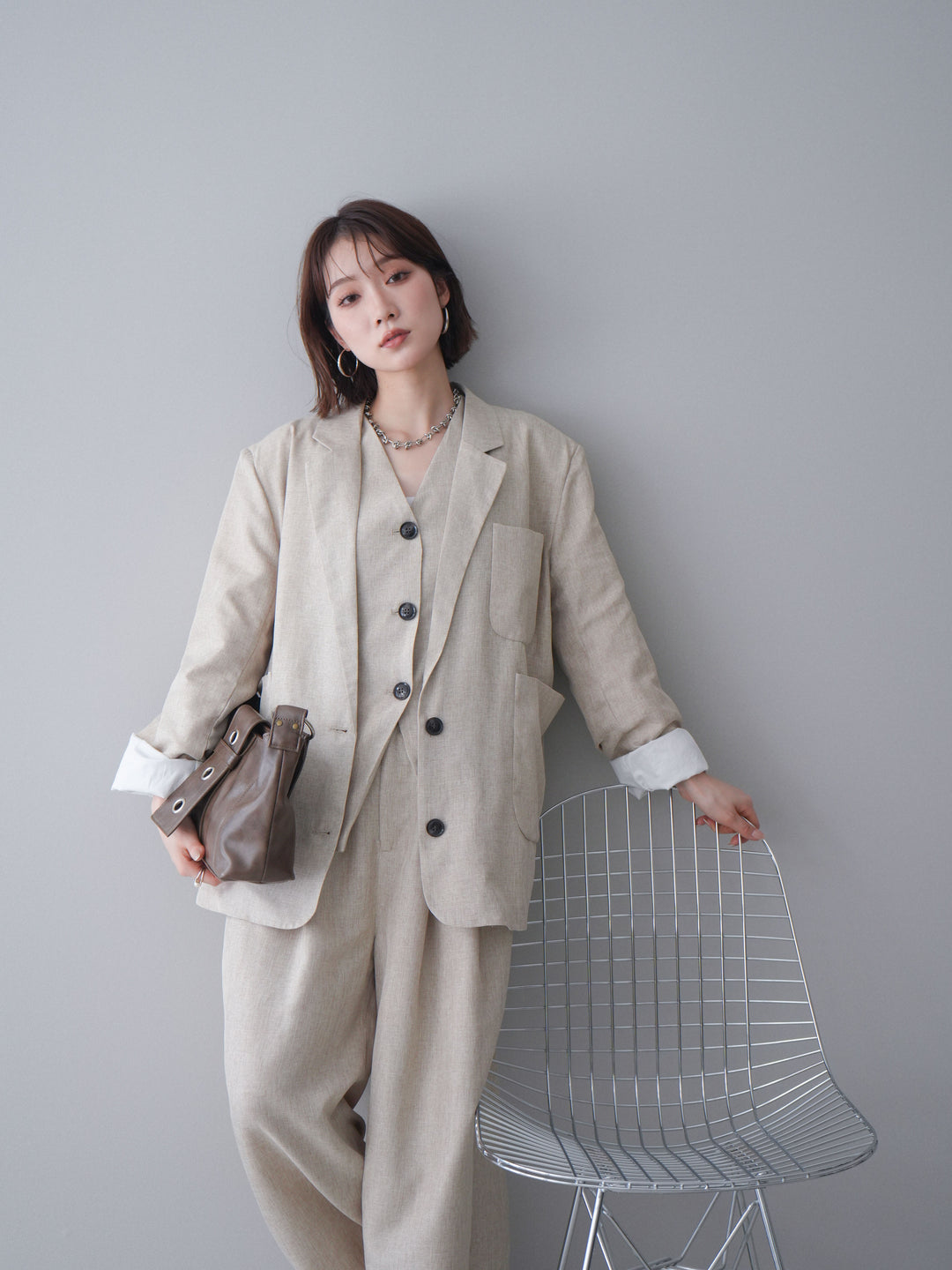 [SET]リネンライクテーラードジャケット+リネンライクバックオープンジレ+リネンライクタックワイドパンツ(3set)