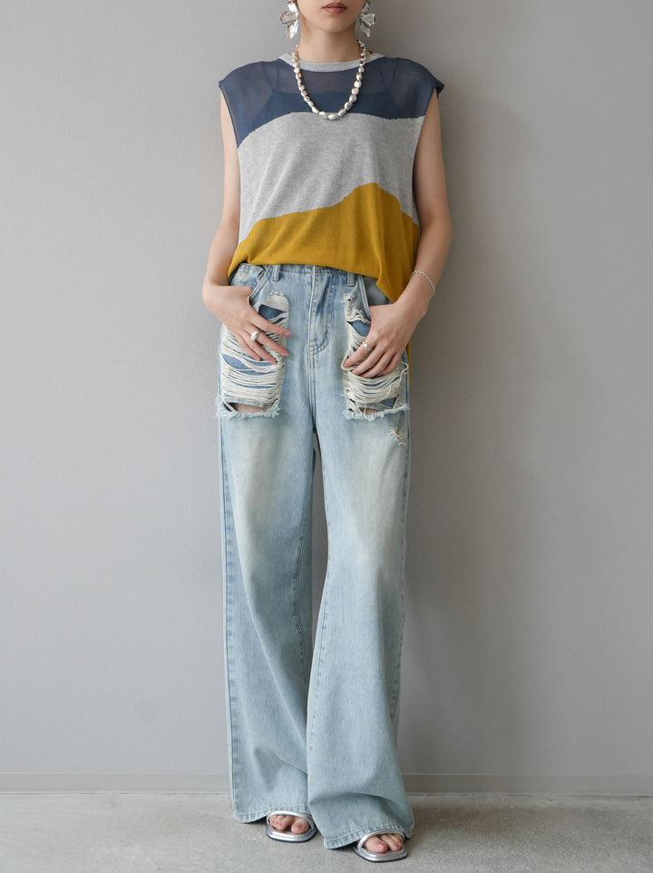 [Pre-order] Bicolor sheer knit sleeveless top/gray