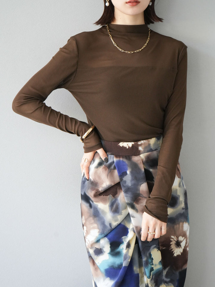 [SET]シアー切替ストレッチ長袖トップス+シアー切替ストレッチトップス(2set)