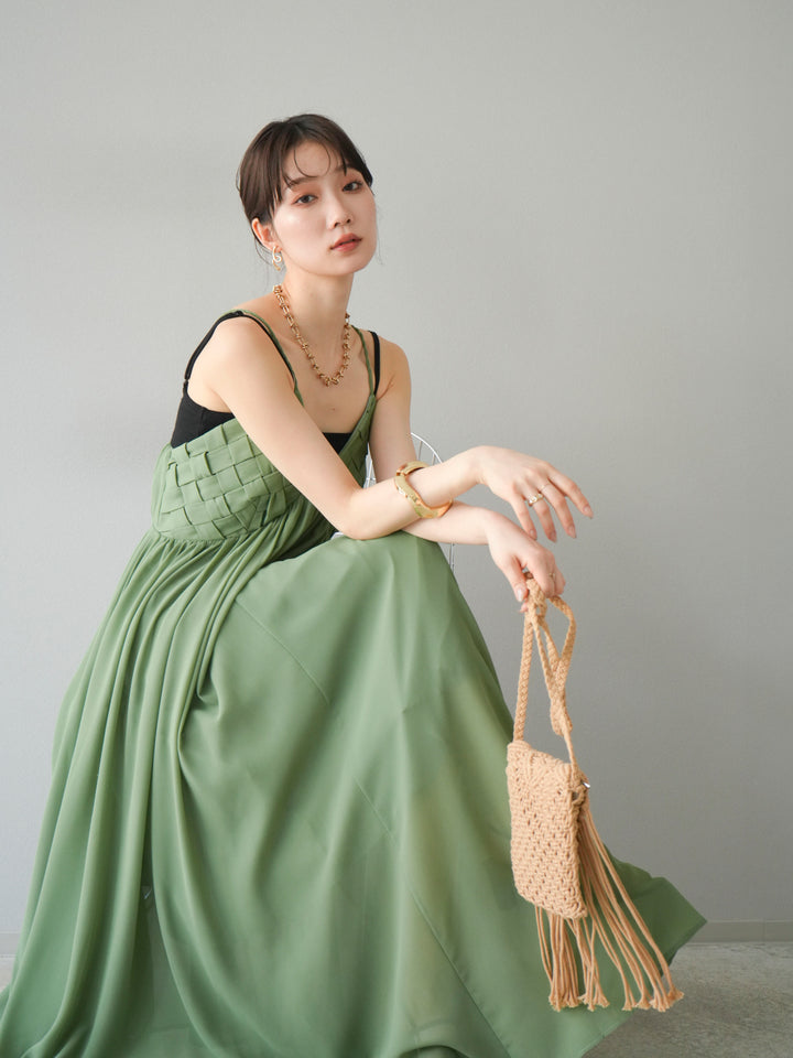 [SET]編み込みデザインシフォンワンピース+カップ付テレコリブベアキャミソール(2set)