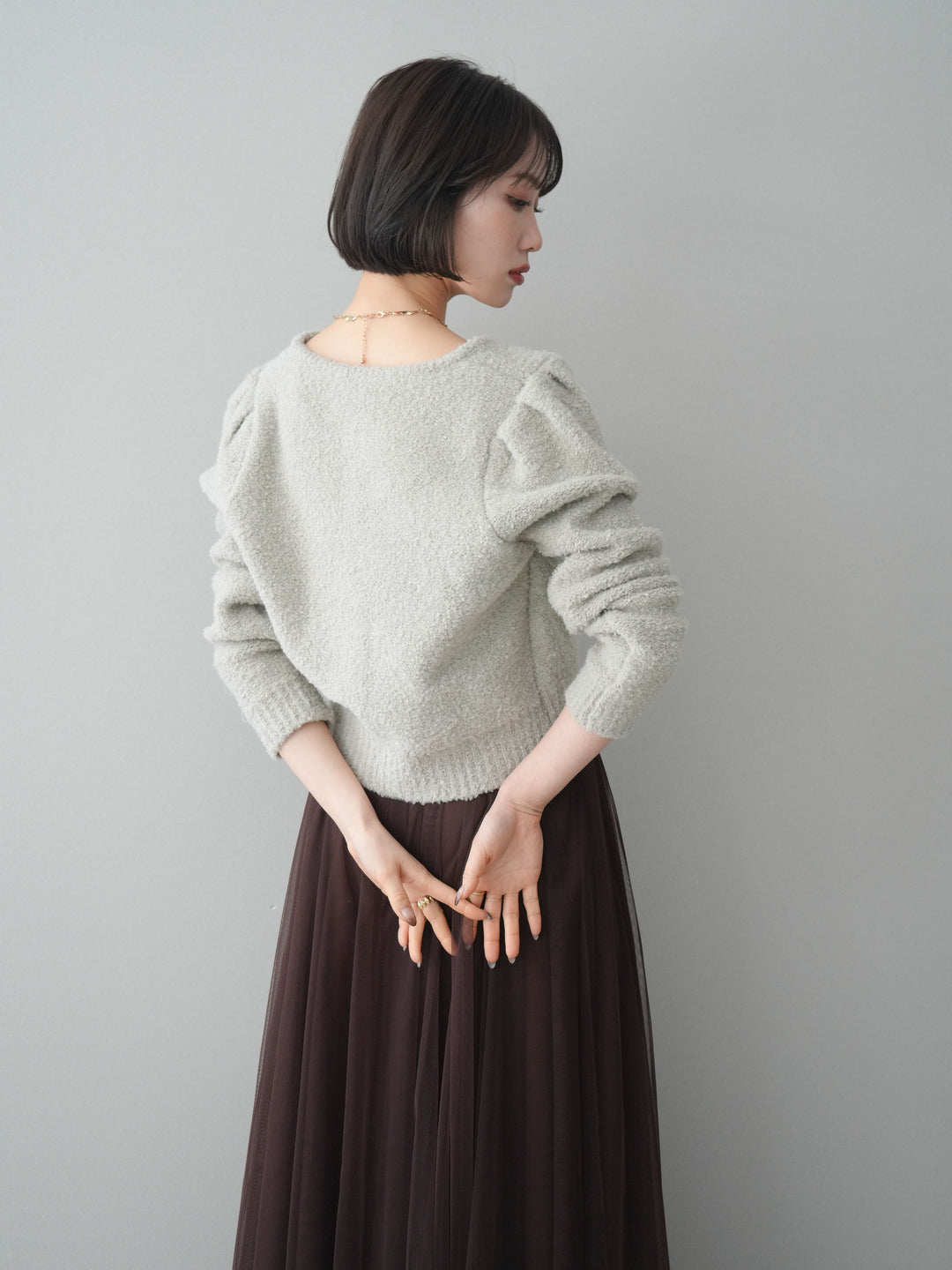 [SET]ゴールドボタンブークレニットカーディガン+チュールボリュームスカート(2set)