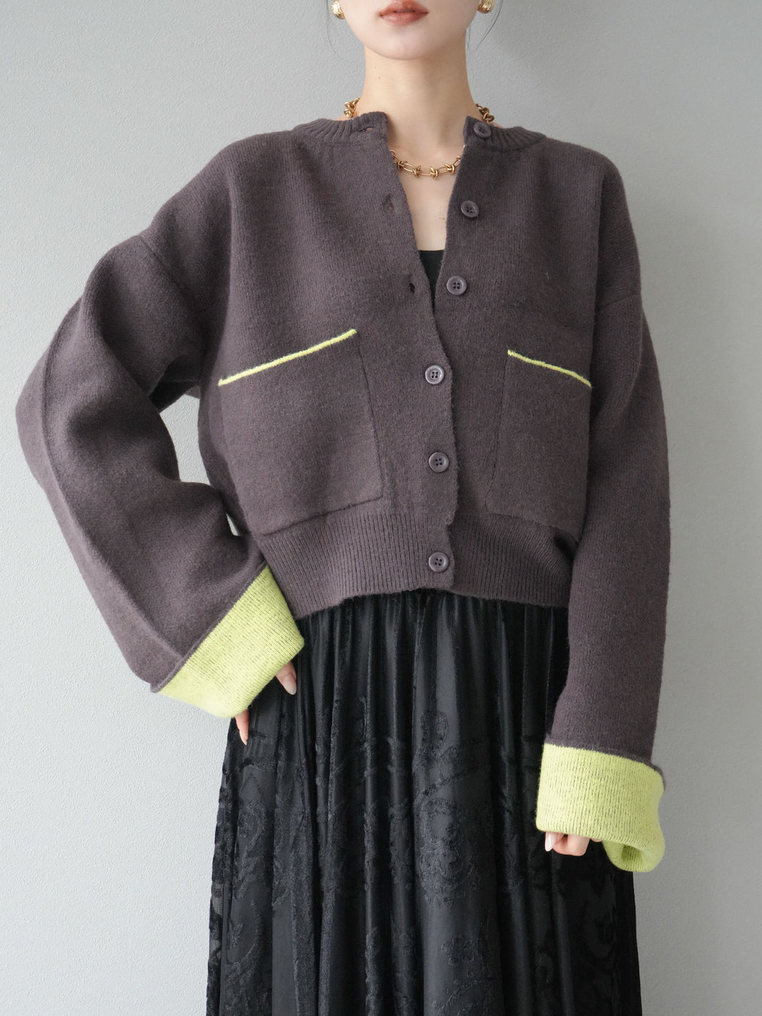 [SET]バイカラーオーバーニットカーディガン+アンティーク柄フロッキーマキシスカート(2set)