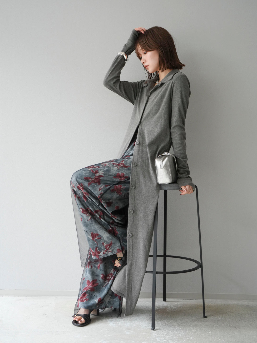 [SET]襟付きカットリブボタンワンピース+フラワープリントチュールレイヤードパンツ(2set)