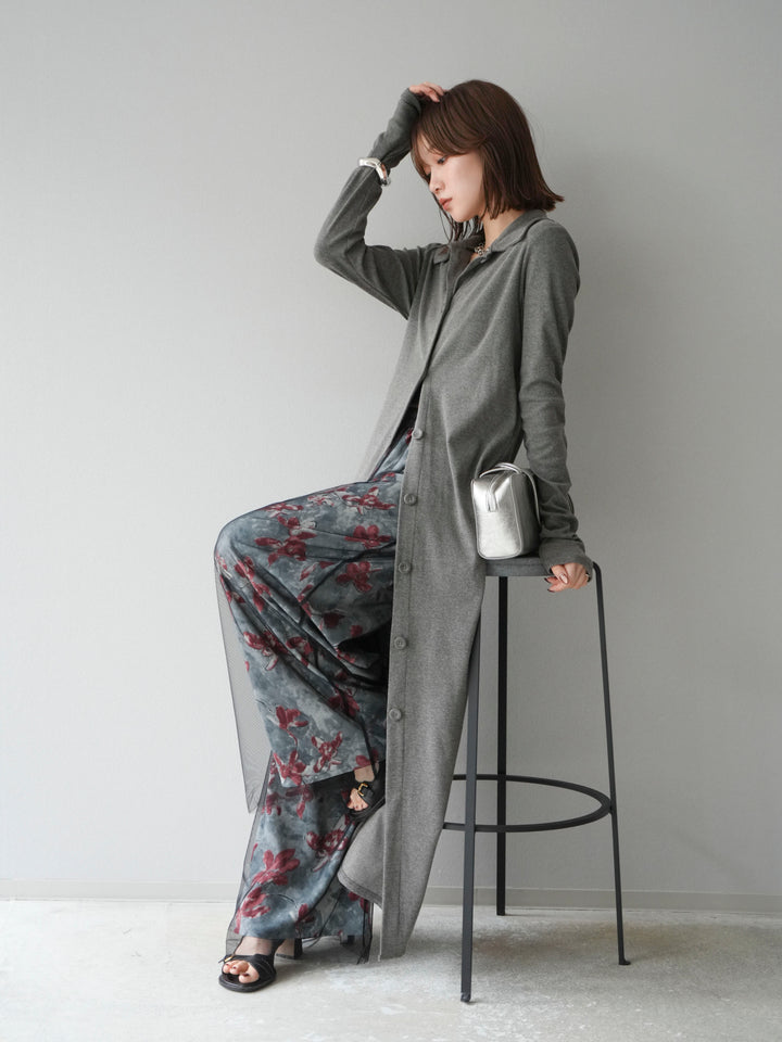 [SET]襟付きカットリブボタンワンピース+フラワープリントチュールレイヤードパンツ(2set)