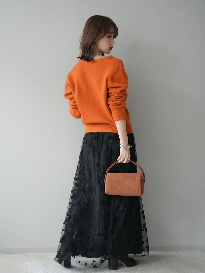 [SET]アンティークボタンニットカーディガン+フラワーフロッキーチュールプリーツスカート(2set)