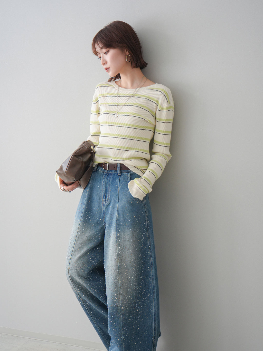 [予約]バックオープンテレコリブマルチボーダートップス/ivory