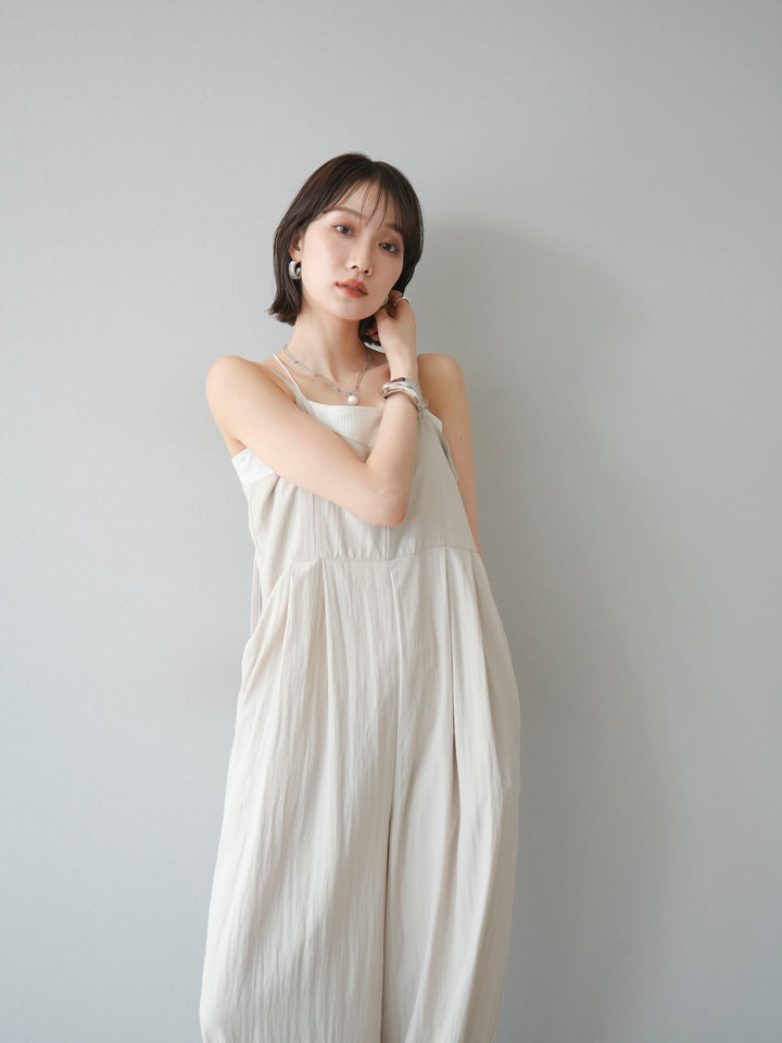 [SET]リネンライクビスチェデザインサロペット+ダブルストラップカットリブブラキャミソール(2set)