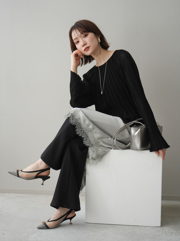 [SET]プリーツシアーフレアスリーブニットトップス+センターシームフレアパンツ+サテンライクアシメレーススカート(3set)