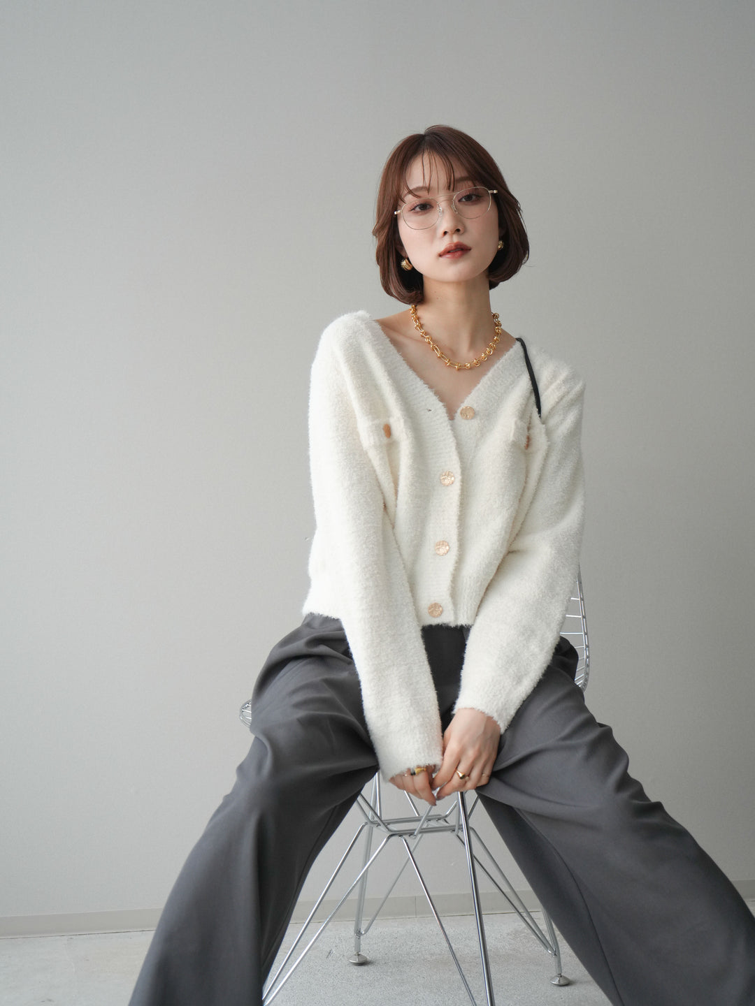 [SET]ゴールドボタンモールニットカーディガン+ベルトループデザインワイドパンツ(2set)