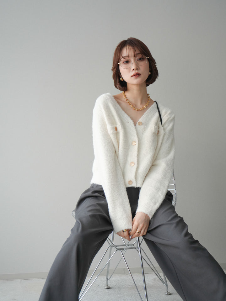 [SET]ゴールドボタンモールニットカーディガン+ベルトループデザインワイドパンツ(2set)