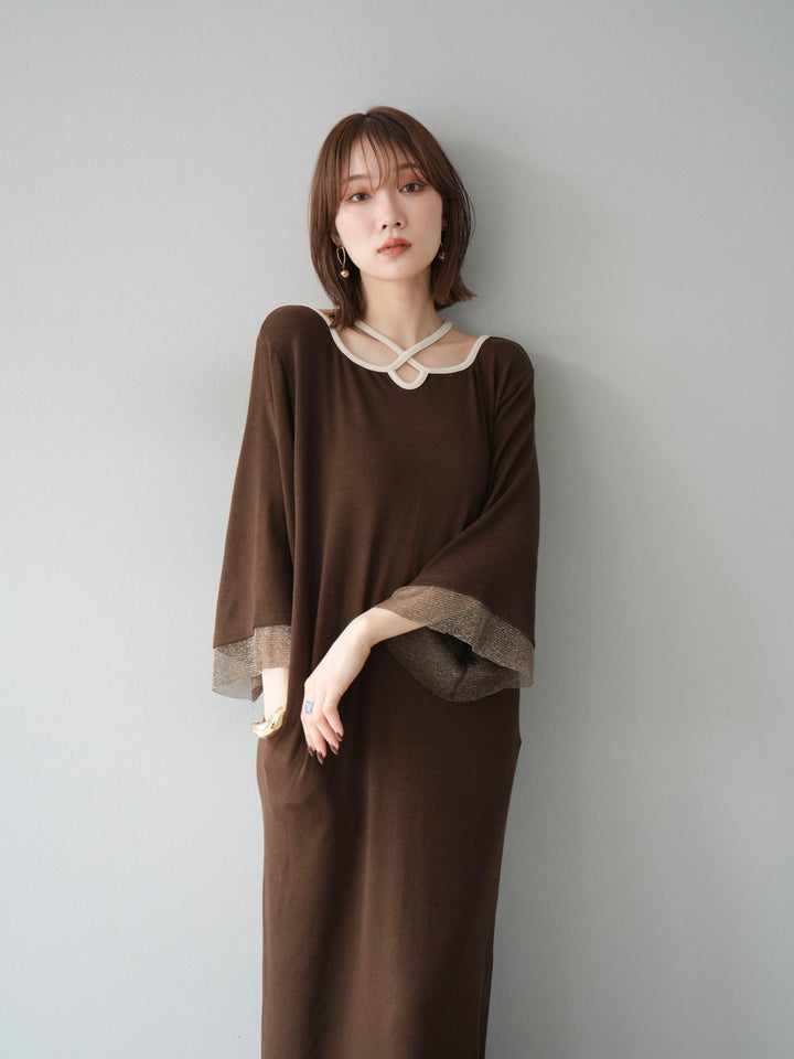 [予約]デザインネックラメシアー切替ニットワンピース/ブラウン