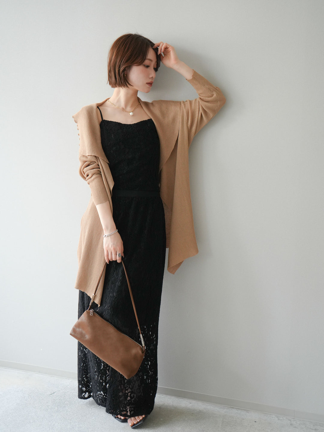 【預購】垂褶羅紋針織長裙 / 米色