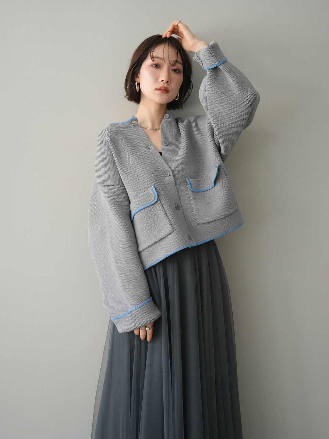 [SET]ポリエステル配色ニットカーディガン+ポリエステル配色ニットカーディガン(2set)