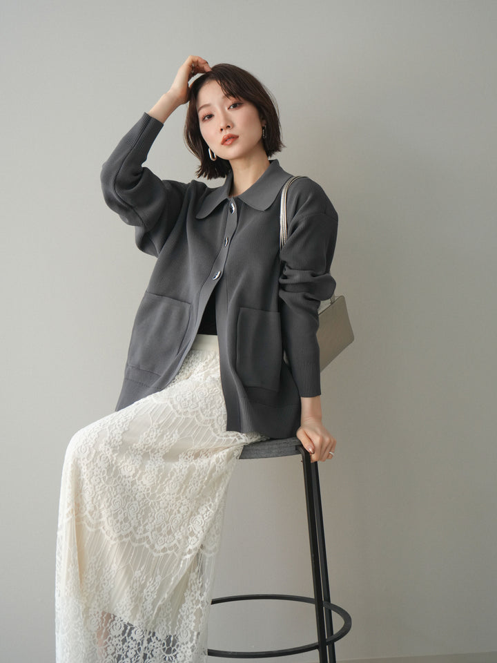 [予約]メタルボタン襟付きポリエステルニットカーディガン/charcoal