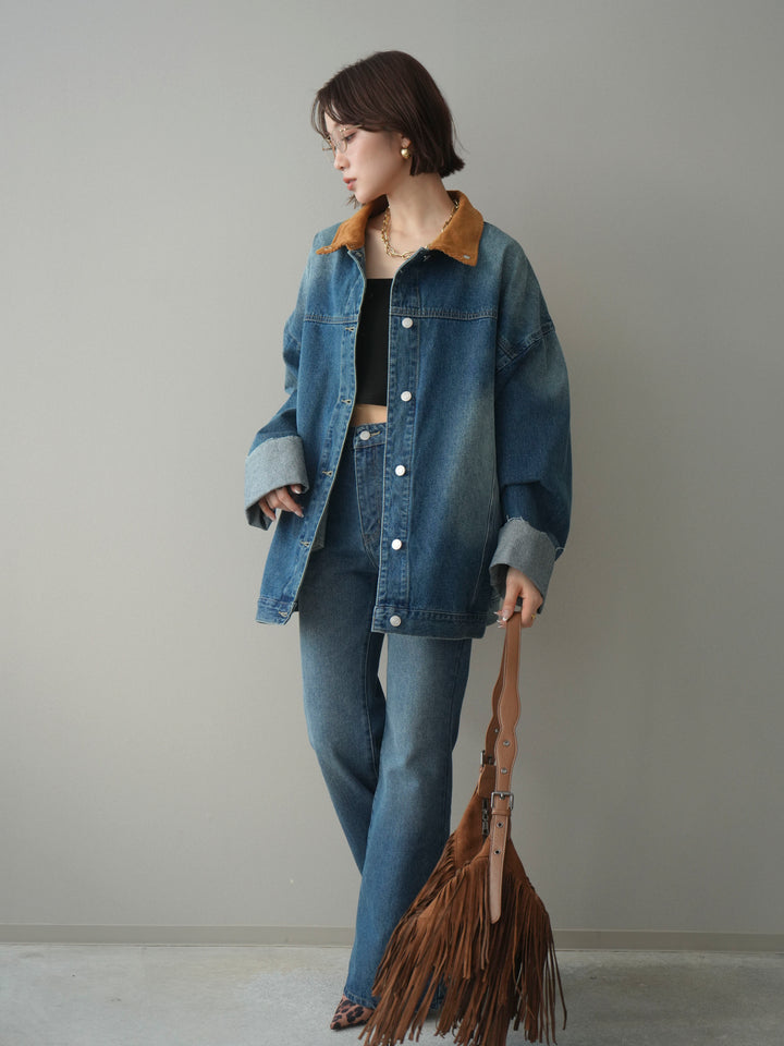 [SET]コーデュロイ×デニムミドルジャケット+フレアデニムパンツ(2set)