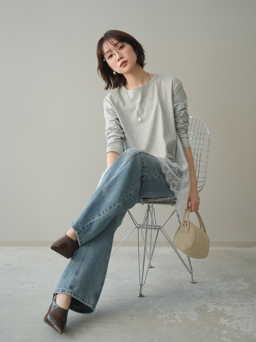 [SET]裾レースロングスリーブTシャツ+選べるアクセセット(2set)