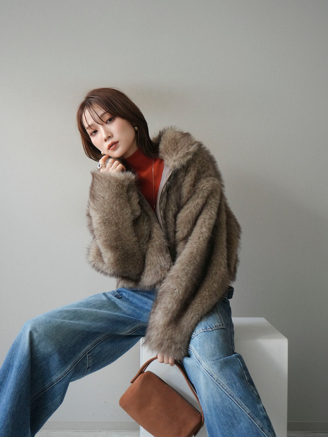 [予約]フェイクファーショートZIPジャケット/brownmix