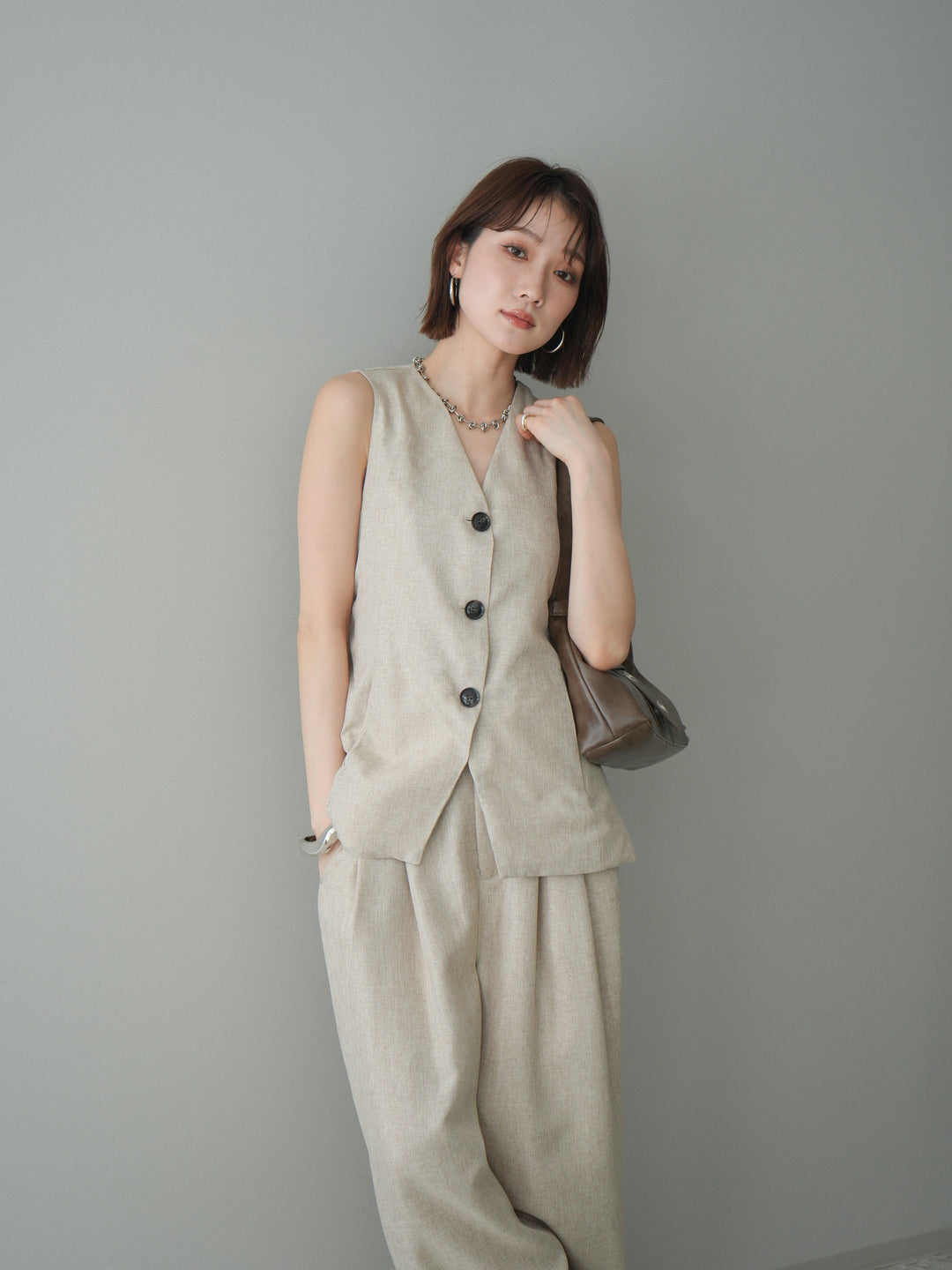 [SET]リネンライクバックオープンジレ+リネンライクタックワイドパンツ(2set)