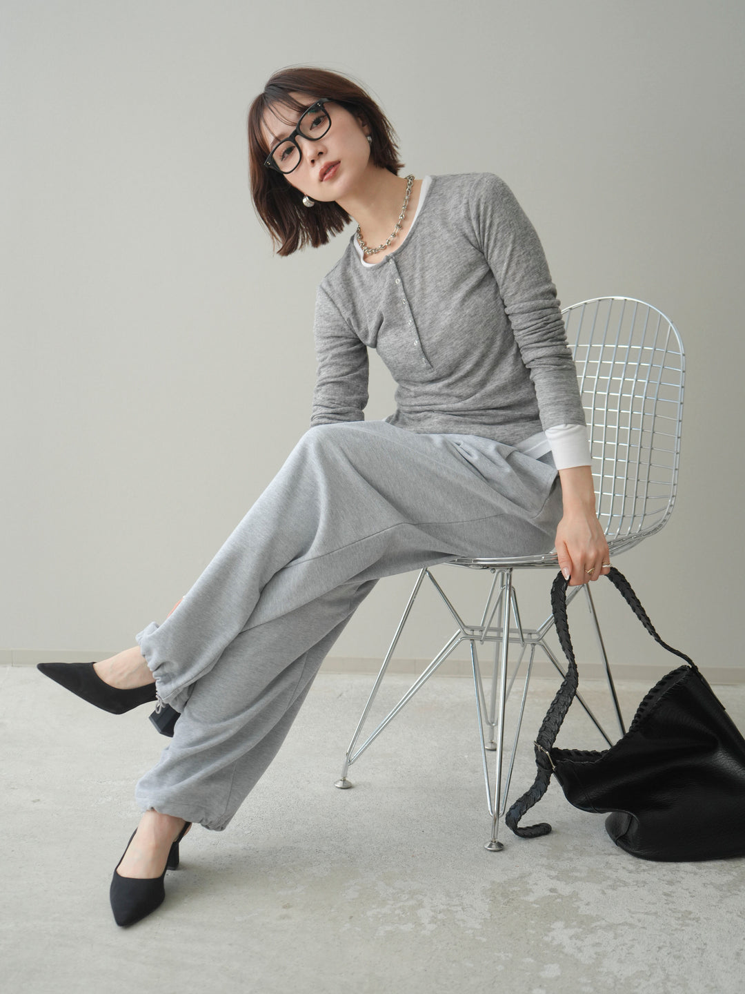 [予約]シアーリブヘンリーネックロンT/gray